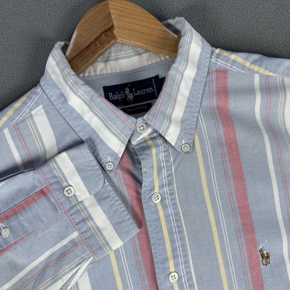 Ralph Lauren Shirt Mens 17.5 Blue Pink Color Flesh Pony Oxford Old Money
